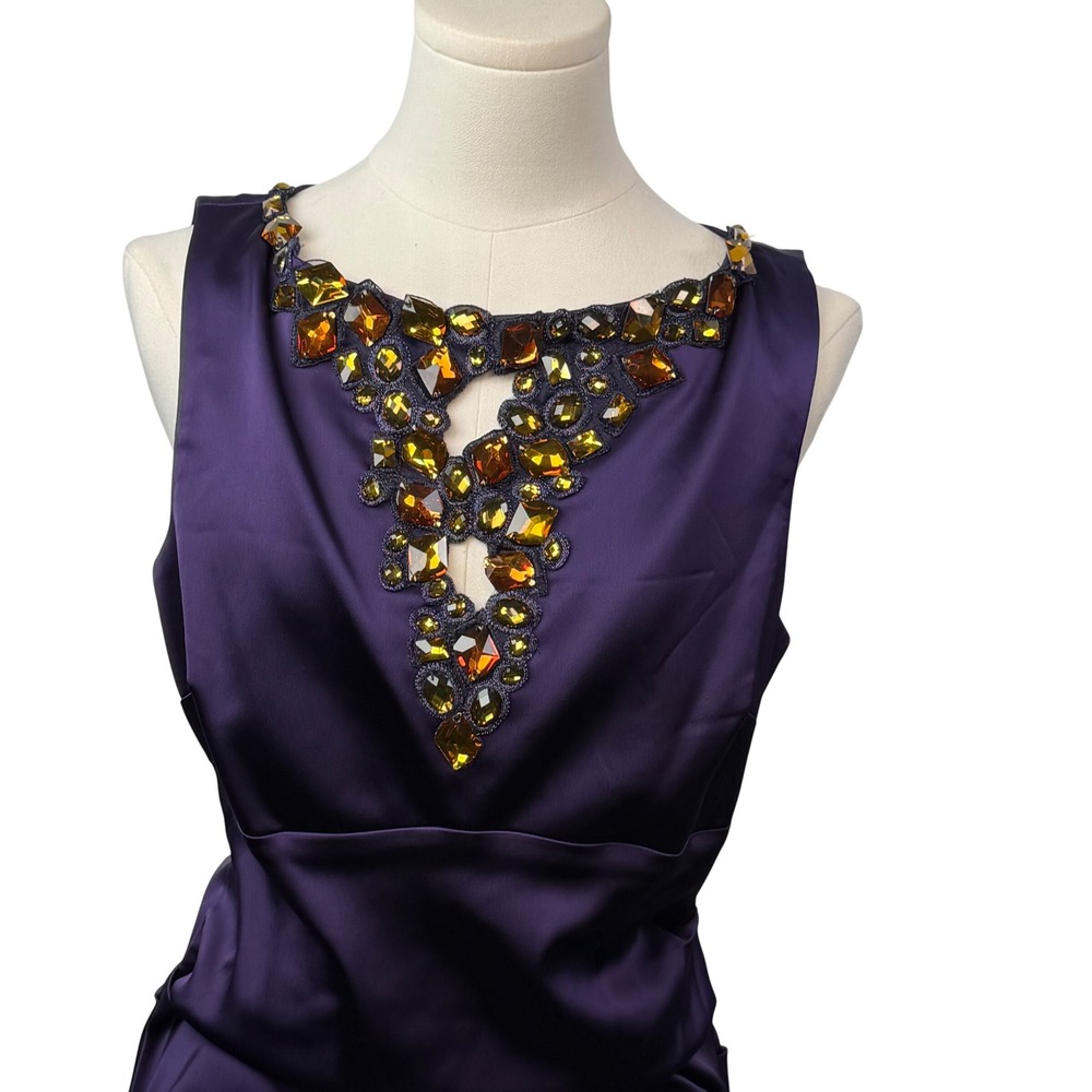 Vintage Cache NWT Purple Satin‎ Jeweled Ruched Cocktail Dress 14, Fits Medium
